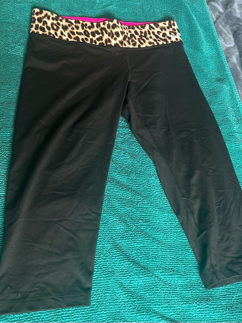PINK Victoria's Secret Black Capri Leggings with Leopard Waistband and Pink Trim